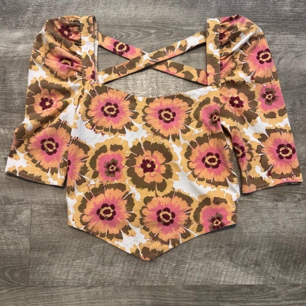 NWT Free People Give Me More Top Ivory Floral Crop Puff Sleeve Square Neck Sz XS
